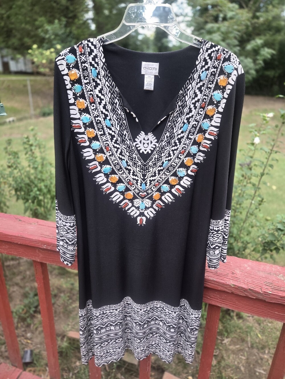 Chico's Black Dress with Blue and Orange Embroidery